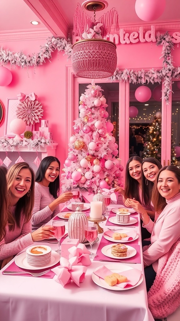 A vibrant pink Christmas party setup with decorations, food, and guests celebrating the holiday.